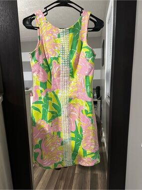 Lilly Pulitzer Pink, Green & Yellow Textured Floral shift dress